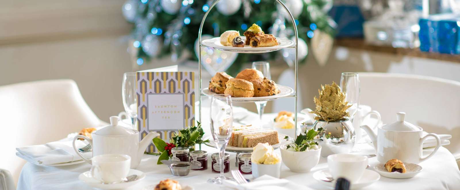 Saunton Sands Hotel Restaurant Dining Festive Afternoon Tea with Christmas Decorations
