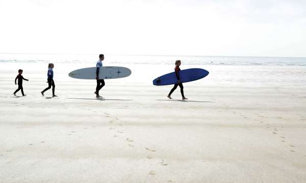Saunton Sands Hotel Family Walking Across Saunton Beach with Surf Boards