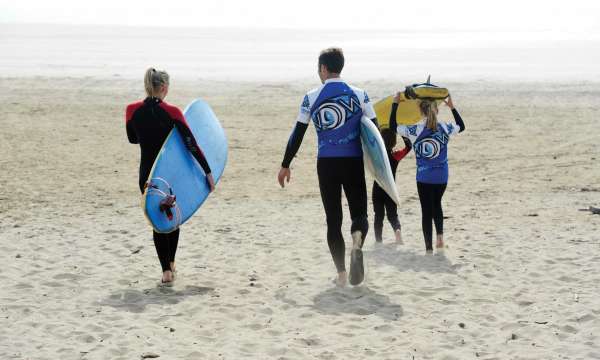 Surfing group walking to sea