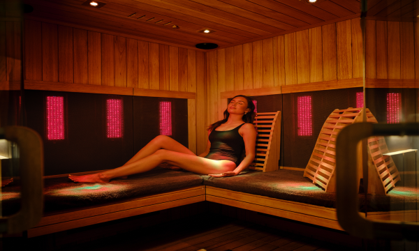 Lady in Infrared Sauna with her eyes shut