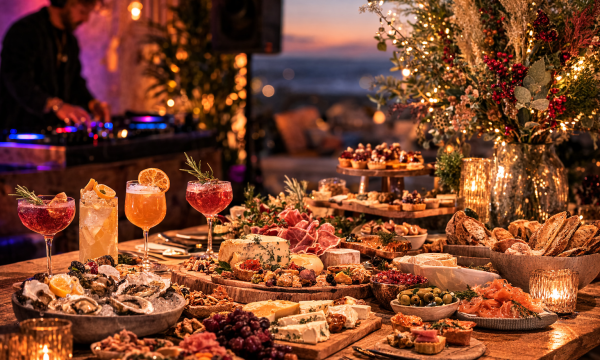 winter buffet with drinks and seasonal food