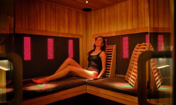 Lady in Infrared Sauna with her eyes shut