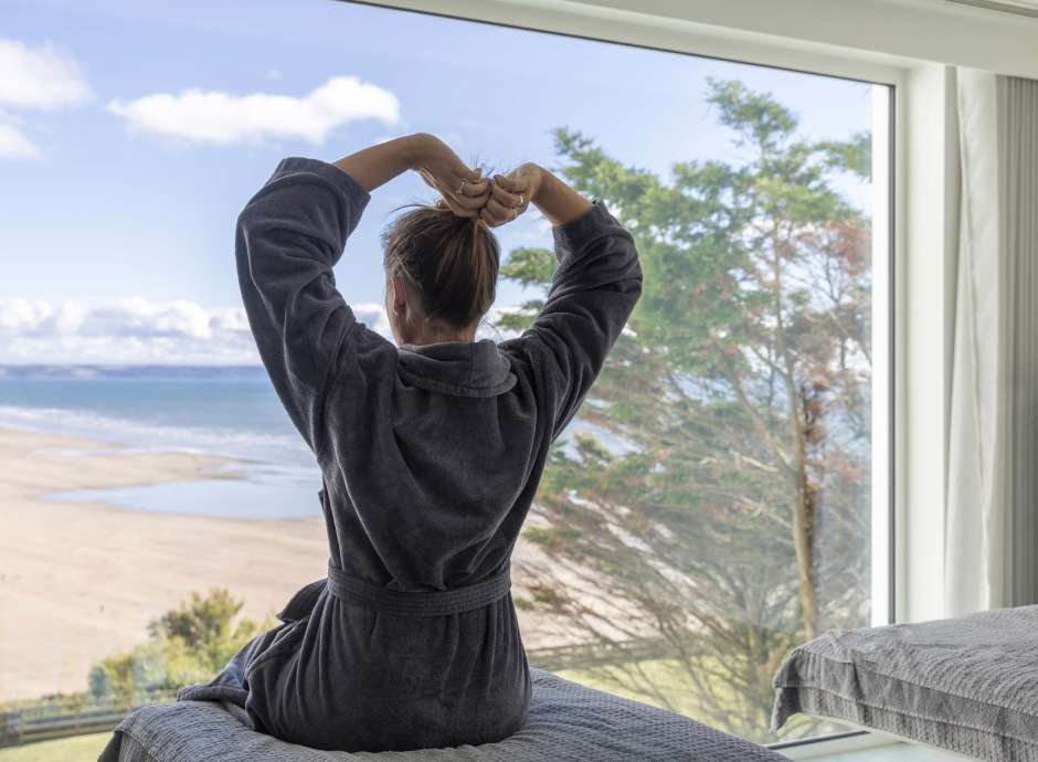 Saunton Sands Hotel Source Spa Guest Stretching and Enjoying View after Massage