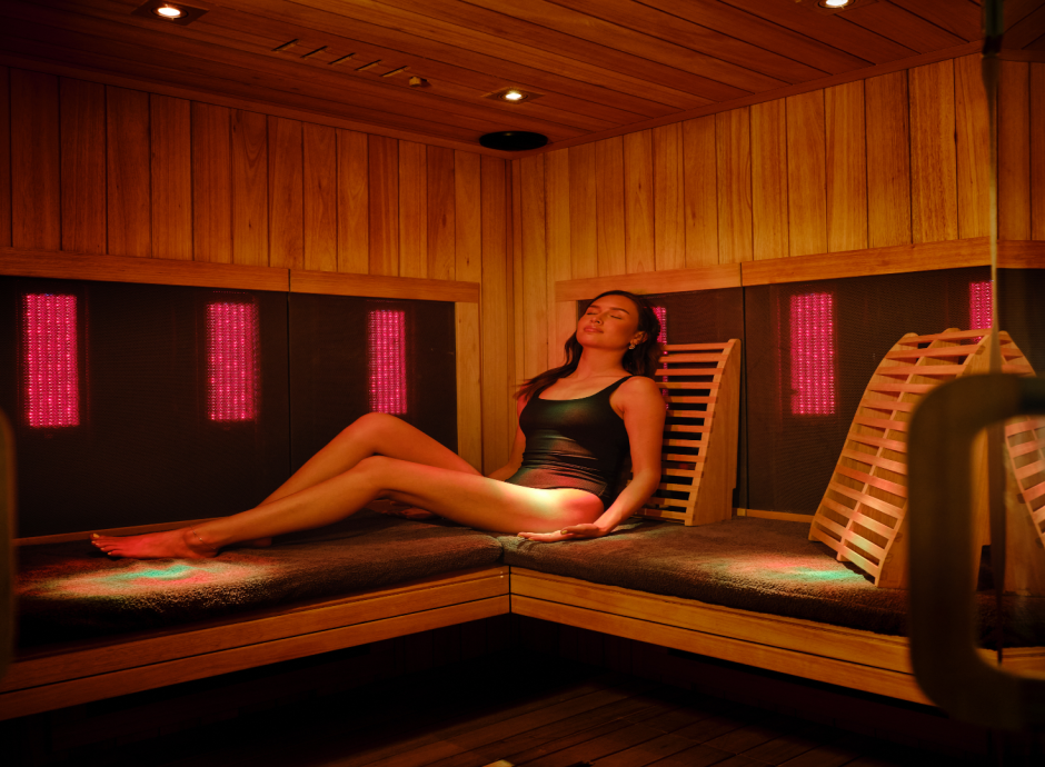 Lady in Infrared Sauna with her eyes shut
