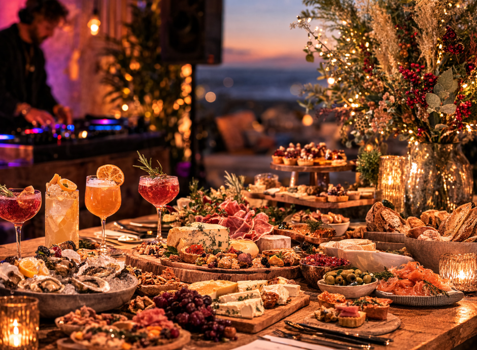 winter buffet with drinks and seasonal food