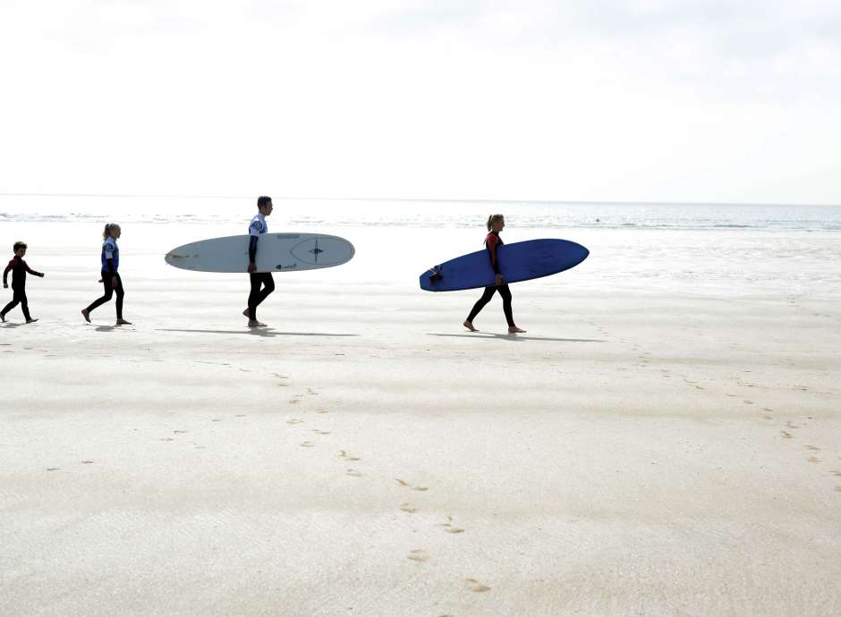 Saunton Sands Hotel Family Walking Across Saunton Beach with Surf Boards